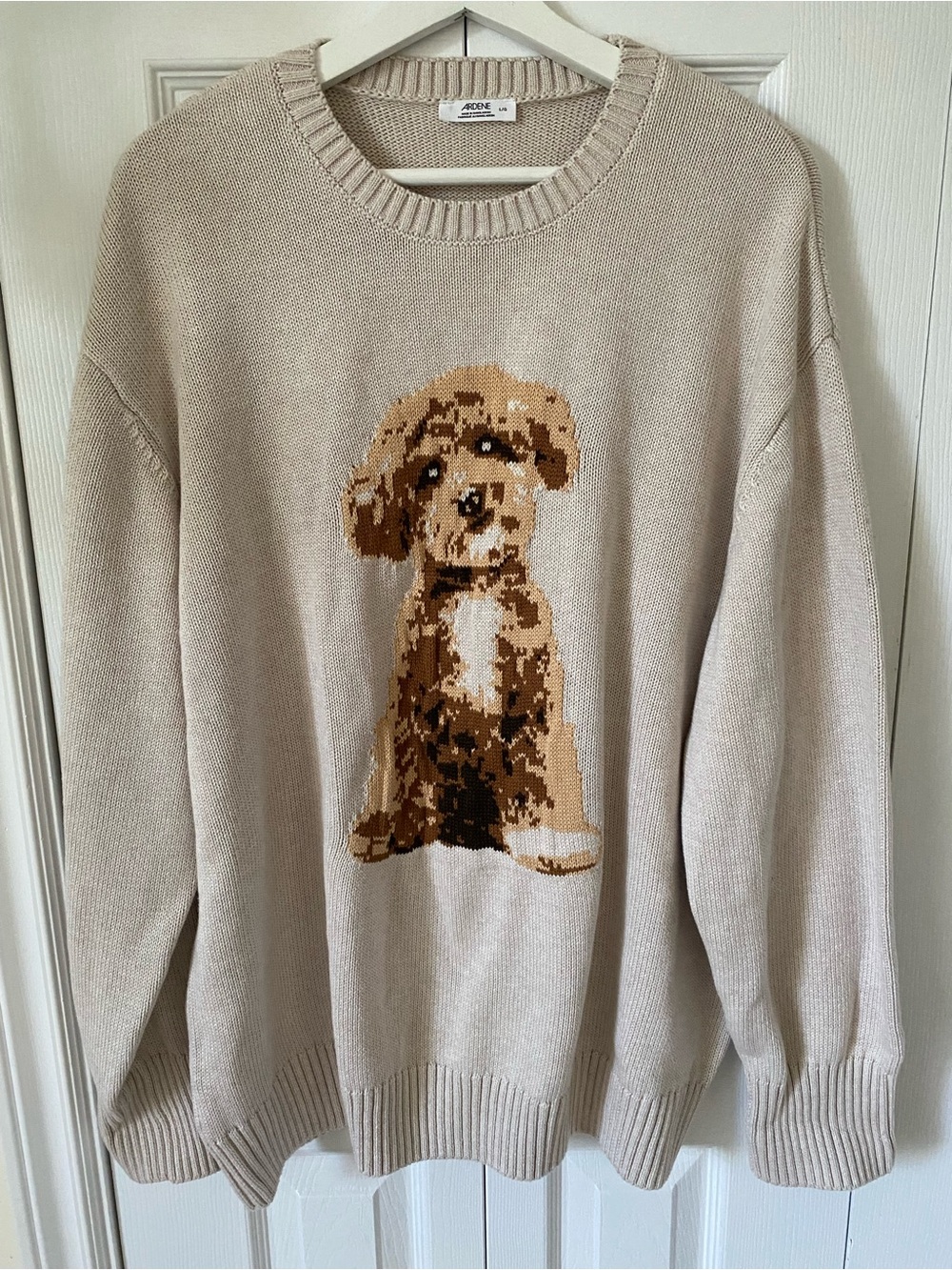 Ardene Jacquard Doodle Puppy 100% cotton crewneck sweater in Cream Size Large